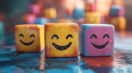 Dynamic artwork featuring cheerful smiley faces colorful ratings cubes emphasizing mental health awareness and positive reviews ideal for a wellnessthemed website banner