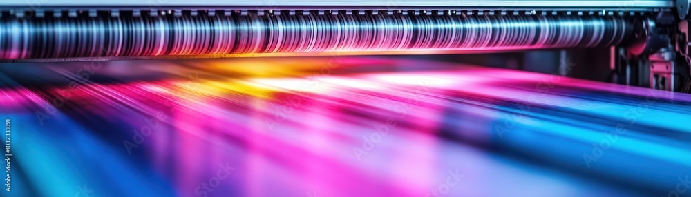 Poster vibrant colors blending from a printing press, showcasing dynamic motion and advanced technology in 