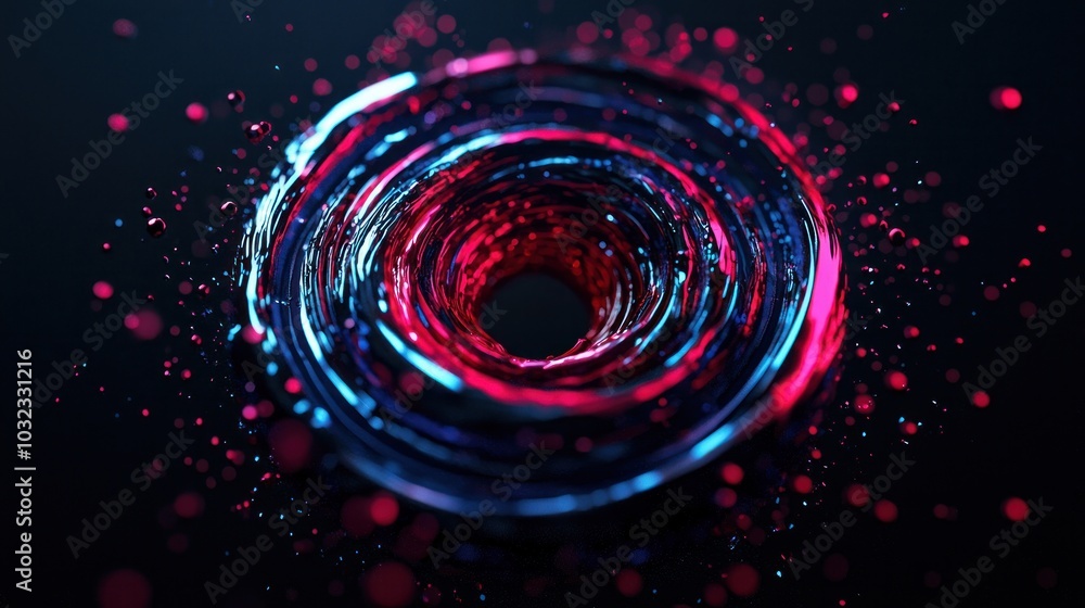 Poster dynamic and vibrant swirl of colorful particles in a hypnotic circular motion representing energy an