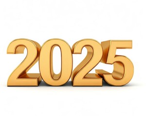 Die goldene Jahreszahl 2025 steht auf einem schlichten weißen Hintergrund und wirkt elegant und minimalistisch, ohne zusätzliche dekorative Elemente. Generative KI.