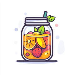 Obraz premium Mason jar with fruit and tea. A flat 2d icon illustration. 