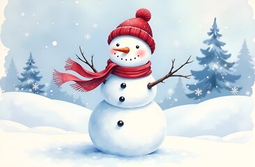 Fototapeta premium snowman in red hat and scarf, happy new year 