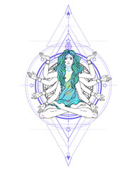 Beautiful woman with long hair and multiple hands sitting in lotus yoga position. Multi-armed goddess is Goddess Lakshmi, the Hindu goddess of wealth, fortune, and prosperity. Vector detailed isolated