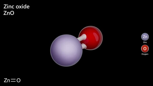 Zinc oxide (ZnO) is a white, inorganic compound. It acts as a UV absorber in sunscreens, an antibacterial agent in ointments, and a catalyst in chemical processes. Black background. 3D rendering