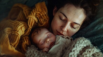 A joyful woman lying on her side in bed, nursing her newborn baby and enjoying a peaceful moment together.