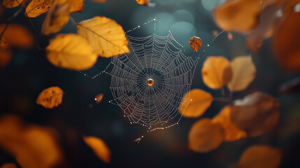 Intricate spider web adorned with autumn leaves