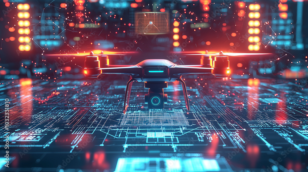 Poster futuristic drone analyzing digital blueprint with neon lights and high tech elements