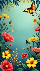 A Lush Garden of Butterflies and Flowers Set Against a Soft Mint Green Canvas