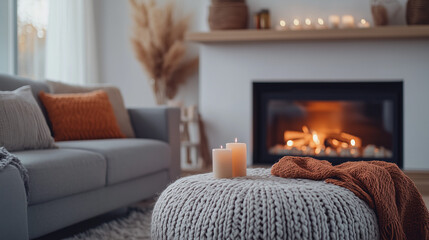 cozy living room with fireplace grey sofa and knitted ottoman
