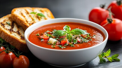 Freshly prepared hot bowl of savory tomato and basil soup served with a side of warm crusty garlic bread for a comforting and nourishing mealtime experience