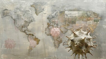 Artistic representation of pandemic impact on global map with virus molecule overlay.