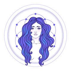 Beautiful woman with long hair and multiple hands sitting in lotus yoga position. Multi-armed goddess is Goddess Lakshmi, the Hindu goddess of wealth, fortune, and prosperity. Vector detailed isolated