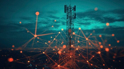 A tall cell tower stands against a blue sky with glowing lines connecting it to a city below.