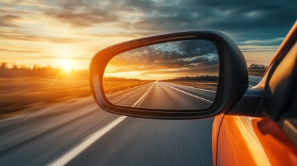 A car driving on a highway at sunset with the sun reflecting in the rearview mirror.