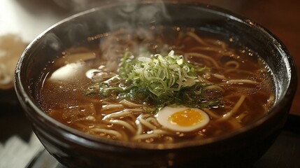 Steaming Bowl of Japanese Ramen with Egg and Scallions in Warm Broth