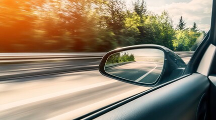 Obraz premium A car driving down a highway with the sun setting in the distance, as seen from the side mirror.