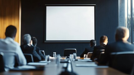 Fototapeta premium Business meeting with a blank presentation screen in a modern conference room.