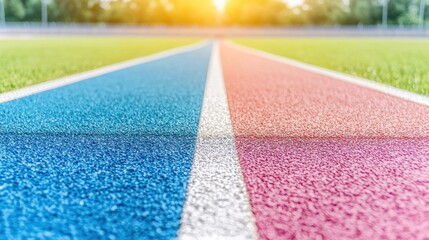 The vibrant pathway to athletic excellence a captivating perspective on a colorful running track in the morning sunlight