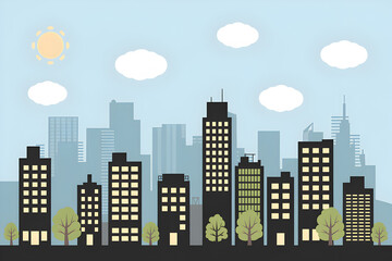 Fototapeta premium Cityscape silhouette against blue sky, serene atmosphere with fluffy clouds