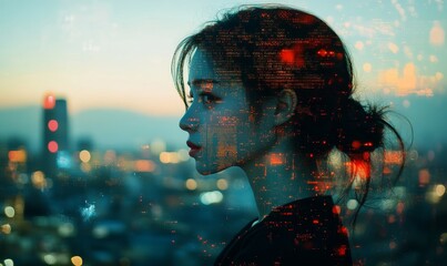 Double exposure, A woman overlaid with cityscape and data, symbolizing the intersection of urban life and digital information, Generative AI