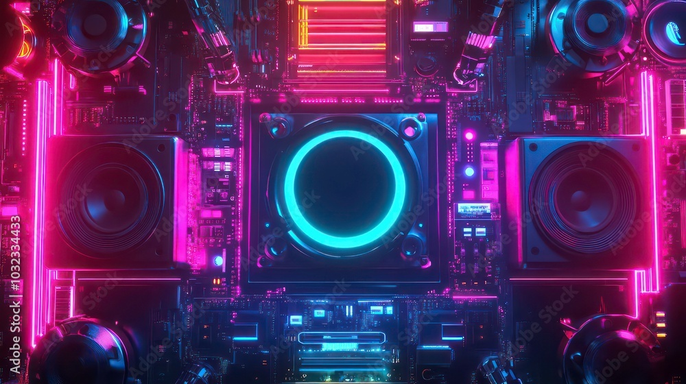Poster a futuristic abstract background with neon lights, speakers, and a circular glowing element, creatin