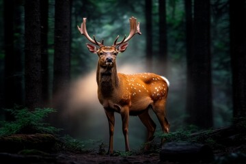 A stag standing in a misty forest, with delicate light filtering through the trees