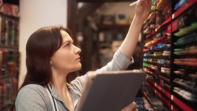 Attentive employee inspecting product shelves in a busy retail store. Focused woman conducting inventory and quality control of items in a well-stocked art supply shop