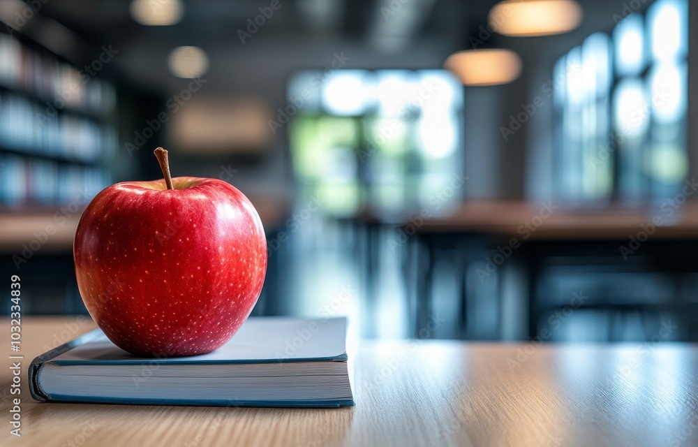 Poster a red apple resting on a closed book in a modern library setting during daytime