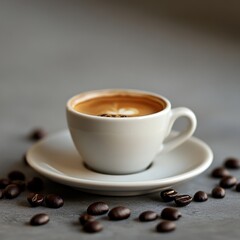 Single espresso shot on a clean saucer with scattered coffee beans in minimalist style

