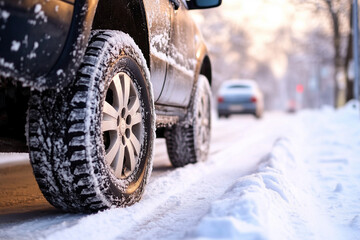 Car on a winter road with snow, close-up of car wheels in motion