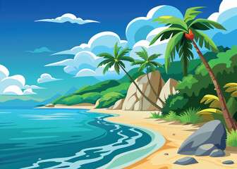 Obraz premium Sailboat sailing past tropical island beach on sunny day cartoon illustration
