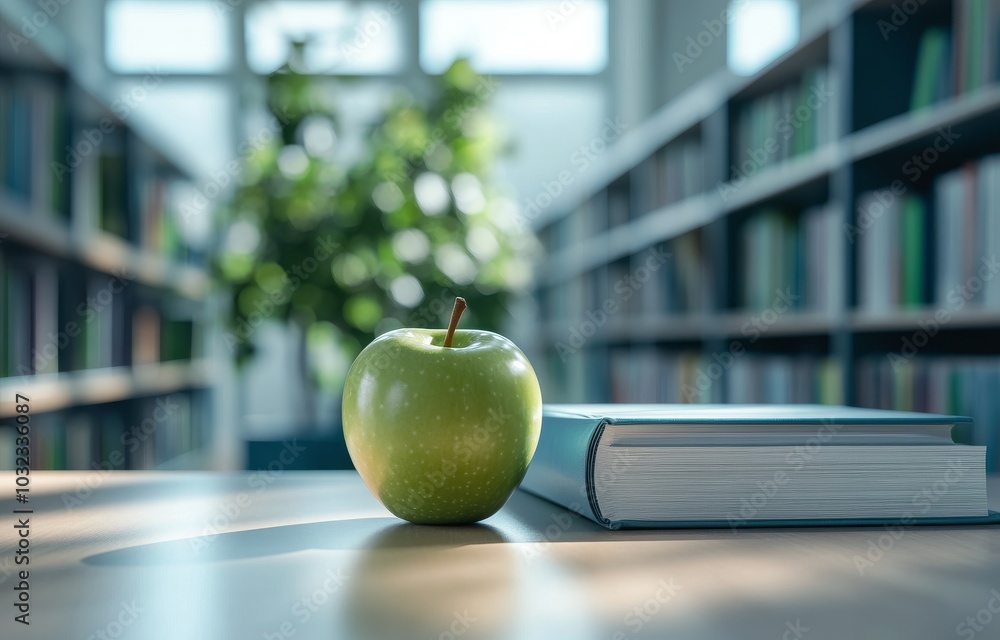 Poster a red apple resting on a closed book in a modern library setting during daytime