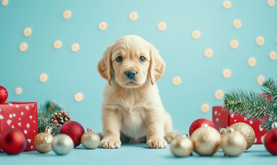 Cute puppy on Christmas decorations, balls and xmas tree on blue light background, generated ai