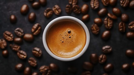 Fototapeta premium A single cup of espresso surrounded by roasted coffee beans on a dark background.