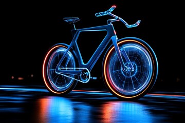 Bicycle with glitching holographic wheels, in a futuristic digital city