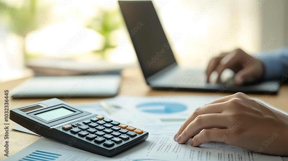 Poster closeup of a person's hands working on a calculator and laptop.