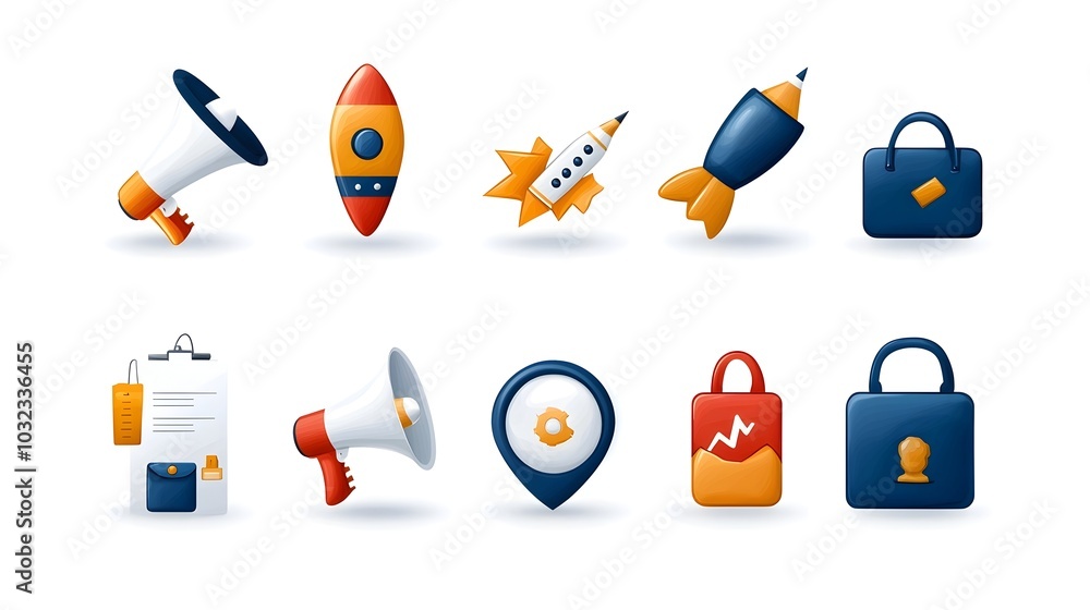 Poster icon set featuring a collection of digital marketing tools like campaign strategy megaphone mobile c