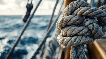 Fototapeta premium Close-up of a sailor's knot on the ship s rigging, with sunlight dancing on the ocean s surface, sailing detail, sense of calm and maritime adventure
