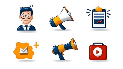 Minimalist icon set depicting a collection of digital marketing tools and strategies including campaign planning mobile communication public outreach
