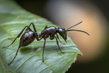 Glossy ant on green leaf, vibrant colors contrasting with blurred background