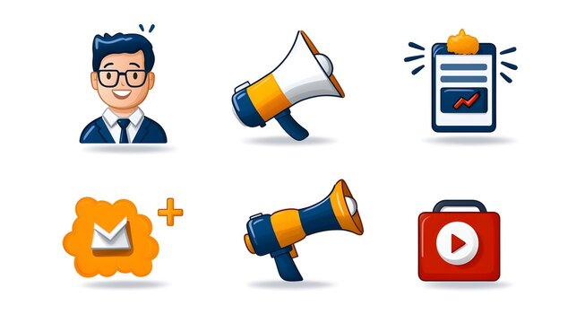 Minimalist icon set depicting a collection of digital marketing tools and strategies including campaign planning mobile communication public outreach