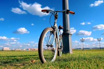 Obraz premium Bicycle with wireframe wheels, leaning against an old lamppost