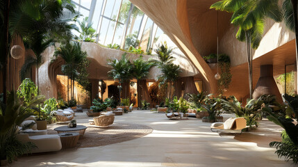 A biophilic design interior featuring natural materials, plants, and ample daylight, creating a harmonious connection between nature and architecture