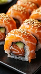 Savor the colorful sushi rolls with fresh salmon and sesame seeds, a delight for sushi enthusiasts