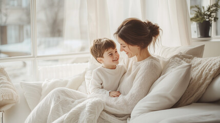 A  mother sits on a white sofa with her son, sharing a happy emb