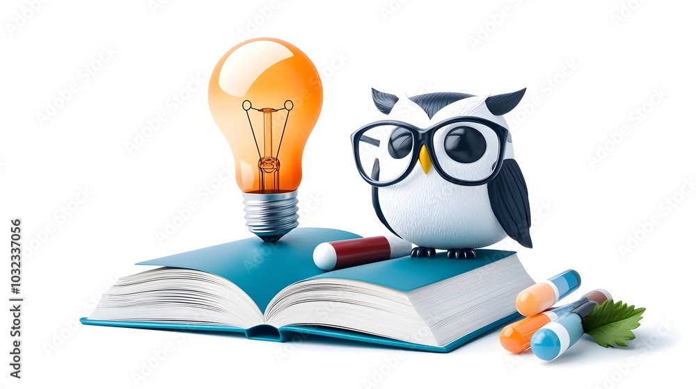 Poster showcasing a collection of knowledge related icons including a book owl light bulb and mind with cle