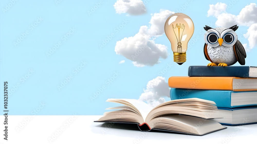 Poster featuring a minimalist abstract design with knowledge icons like a book owl light bulb and mind all connected by clean simple lines to symbolize creativity genius