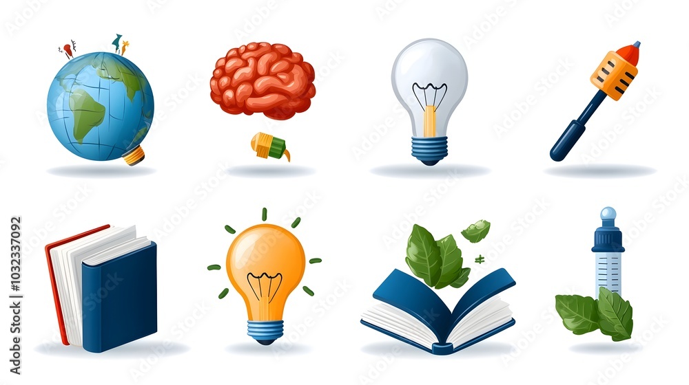 Aufkleber Minimalist line icon set featuring symbols of knowledge intelligence and creativity   including a book brain light bulb and globe   representing the concepts of learning education innovation
