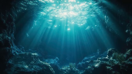 Obraz premium Sunbeams penetrate the surface of the ocean, illuminating the dark depths with a bright light.