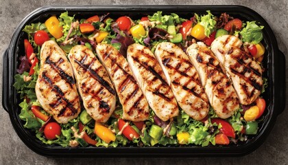 A colorful salad topped with grilled chicken, showcasing a healthy meal option.